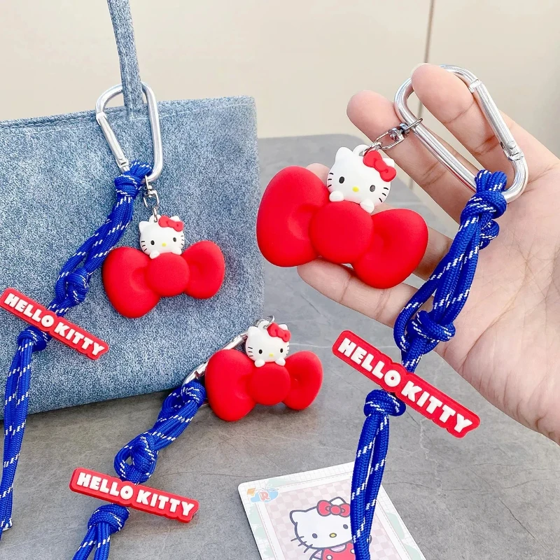 

Милый брелок Hello Kitty с котиком, мультяшный бант, нейлоновый ремешок, застежка-клипса, аниме-подвеска, декоративная цепочка для рюкзака, подарок