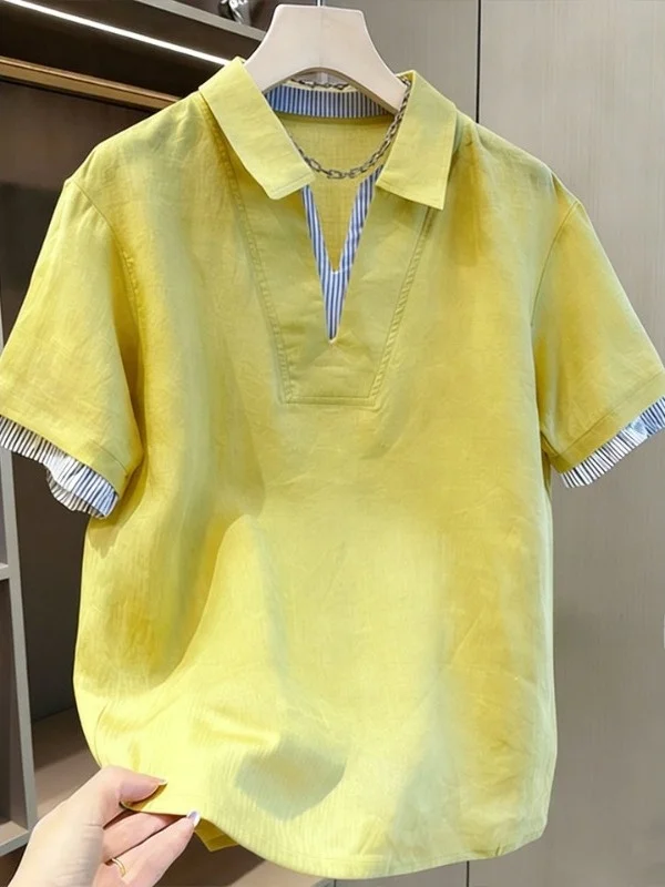 

plus Size 300 Pounds Women's Casual Striped Short Sleeve Turn-down Collar Shirt Summer Breathable Loose Fit Small Stature