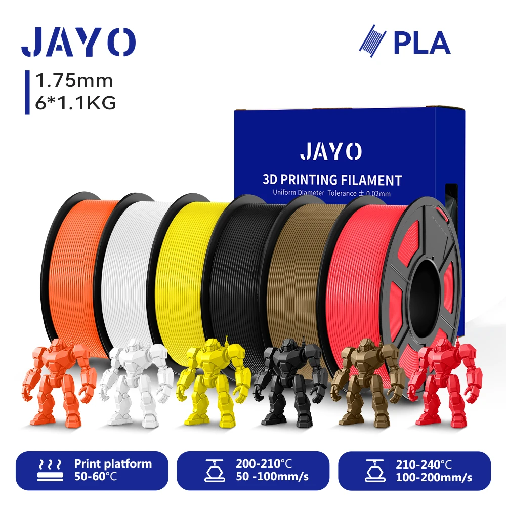 JAYO 6 Rollen 3D PLA Druckerfilament 1,75mm Ungiftig & Blasenfrei PLA-Kunststoff als 3D-Druckfilament für 99% der 3D FDM Drucker & Stifte