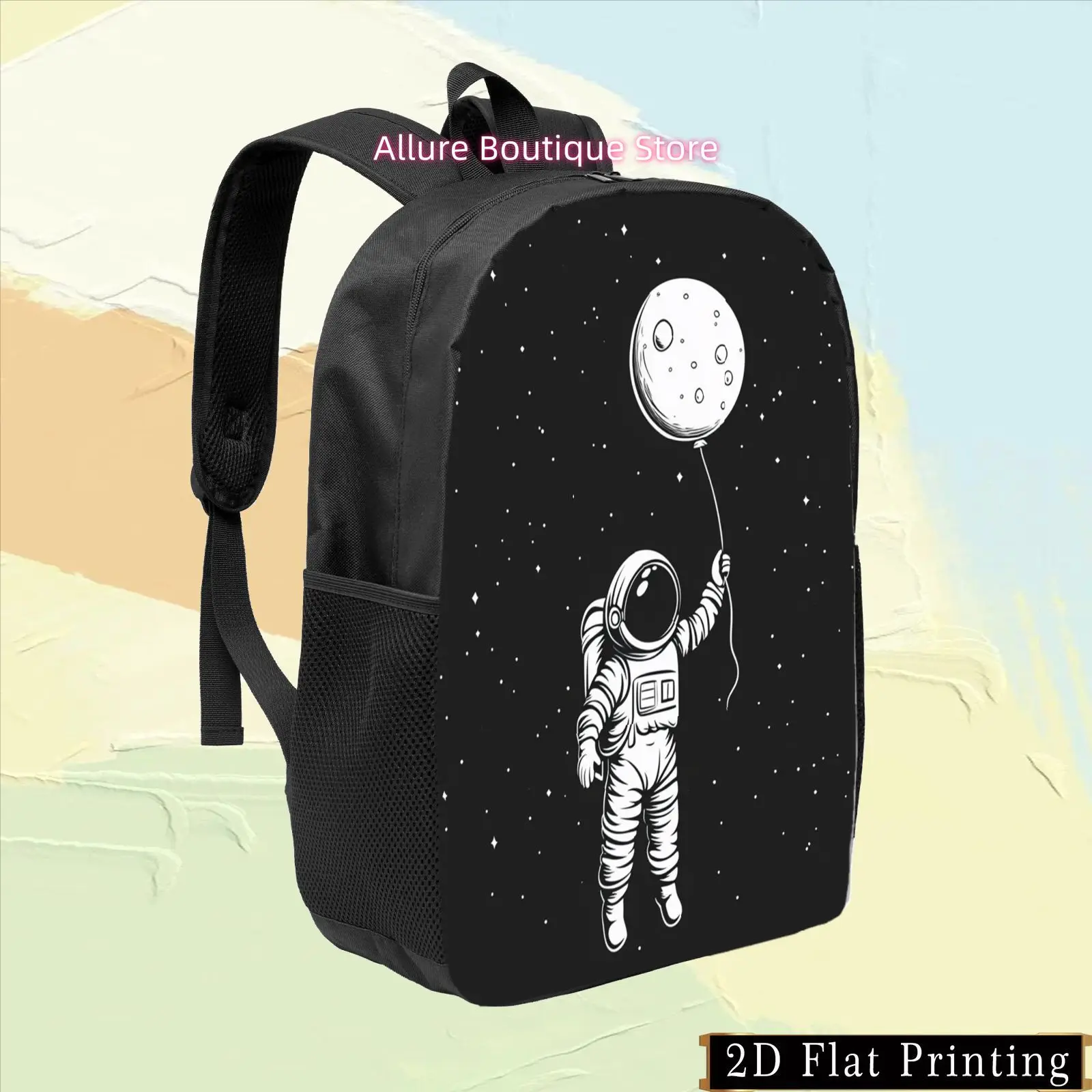 1pc Colorful Single-Sided Print Backpack with Astronaut Moon Pattern, Zipper Design for Shoulder and Waist Protection, Fashionab