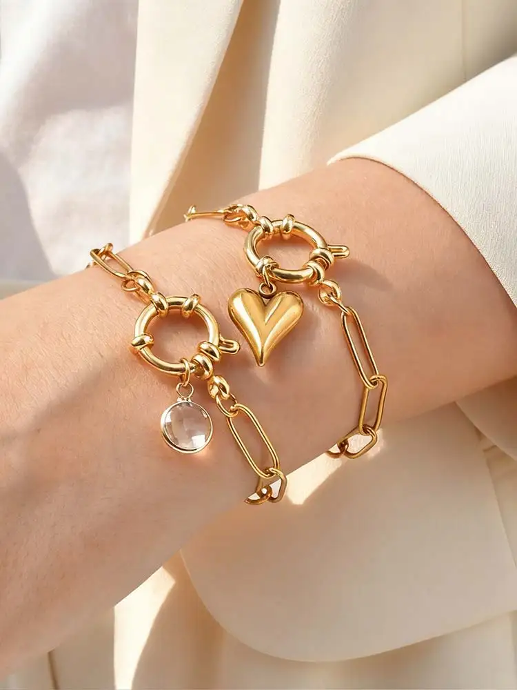 

18K Gold Plated Stainless Steel Paperclip Link Chain Bracelet for Women, Spring Clasp Toggle Clasp Zircon Heart Charm Bracelet