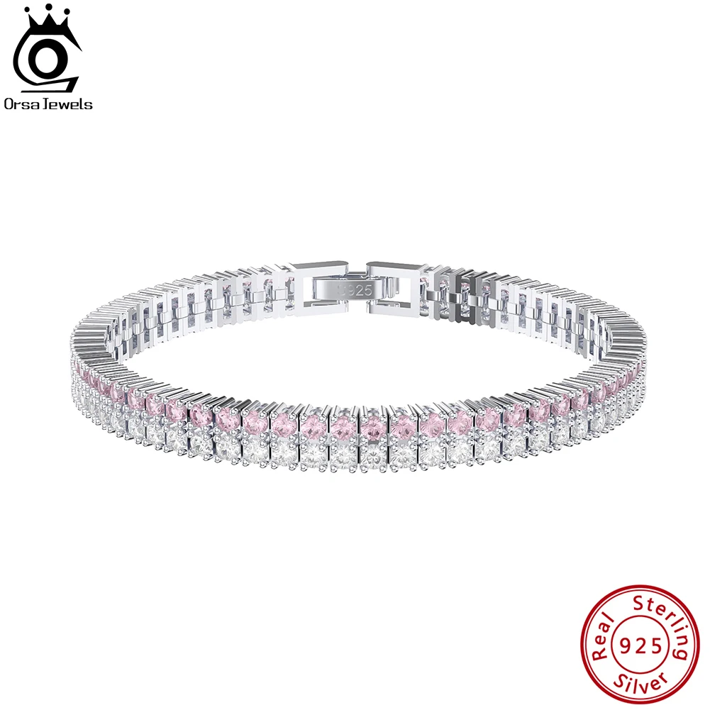 

ORSA JEWELS925 Sterling Silver 2.0mm 2 Rows Tennis Bracelet Clear&Pink Zircon Women's Fashion Chain Bracelet Jewelry SB158