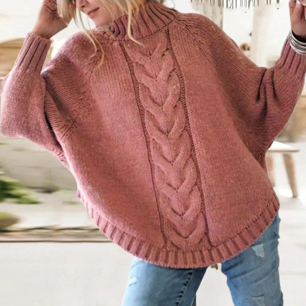 Women Sweater Knitted Half-turtle Neck Sweater Women’s Knitted Sweater Tops Half High Collar Batwing Sleeve Pullover for Fall