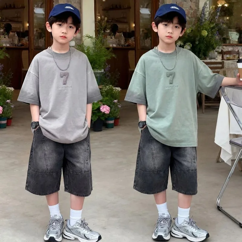 Teen Boys Summer Sportswear Set Boys Clothing For Child Elegant T-shirts+Denim Shorts 2pcs Set Kids Tracksuits Clothes For 4-14Y