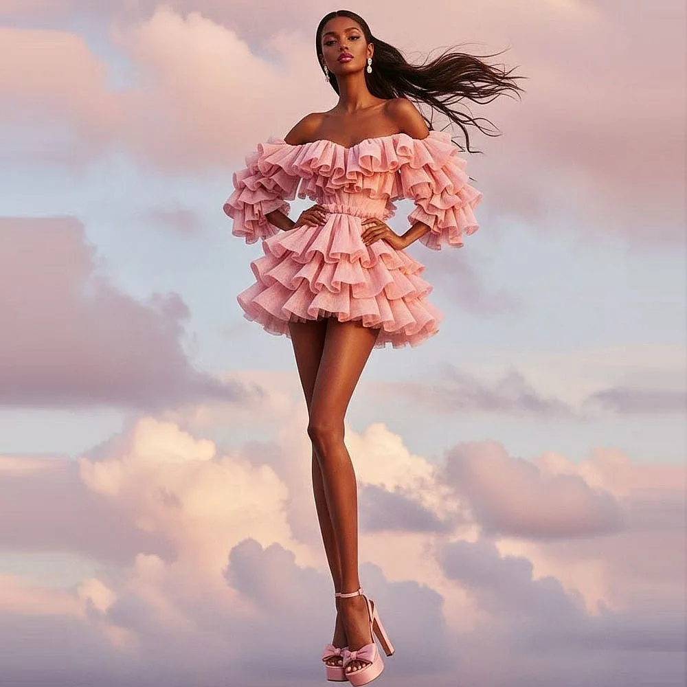 

Розовое короткое платье для выпускного вечера с открытыми плечами, многоярусное, с рукавами 3/4, для девочек, на день рождения, праздничное платье 2026 года