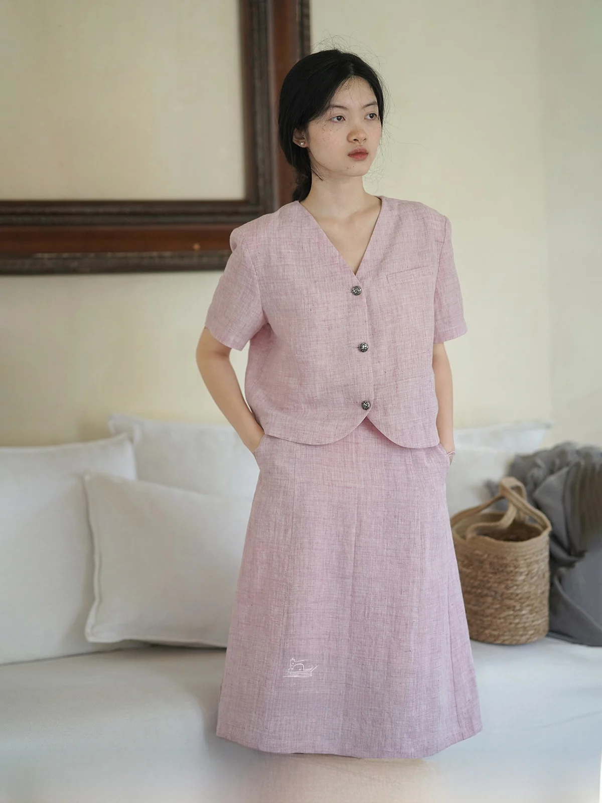 

Citywalk NP2023ss Half Skirt Shorts Set Floral Print Linen Fiber Short Sleeve Dappled Pattern Women's Fashion Ensemble