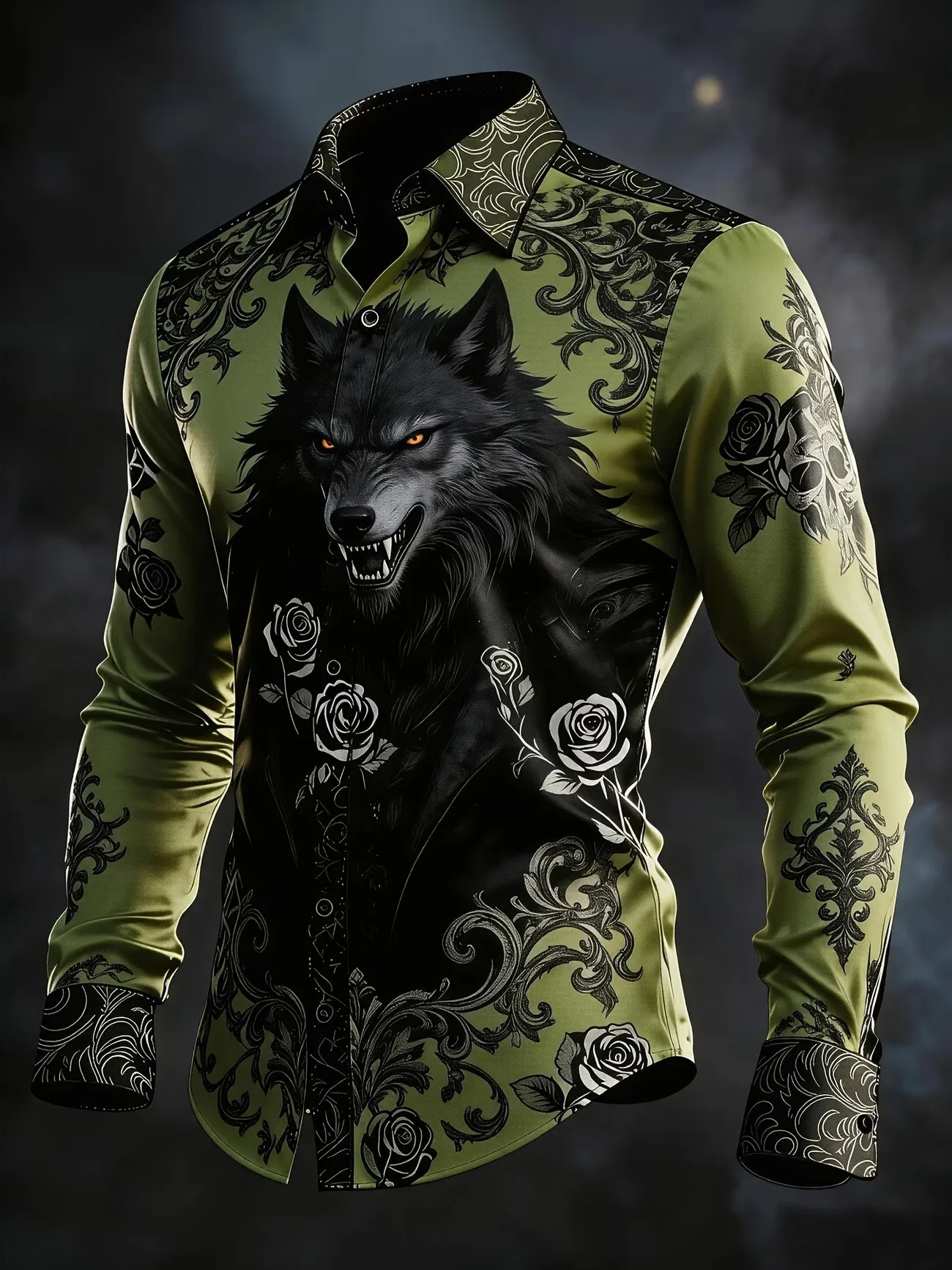 Retro Dark Grain Wolf Head Satin men's Contrasting Pattern Printed Long Sleeved Shirt With Four Sided Elastic Slim Fit Business