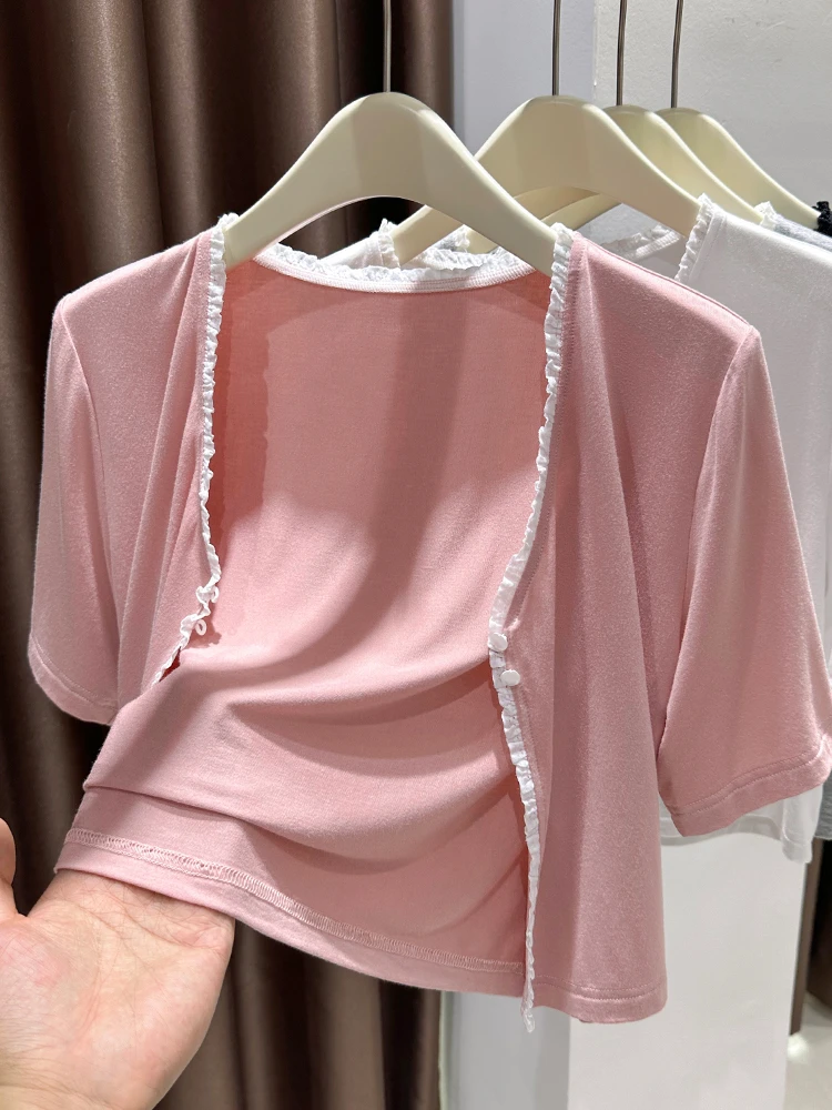 

Pink Ice Silk ort Sve Sun Protection Open Cardigan Women Summer with ter Ne Skirt Lace Trim Outerwear awl Thin Ou...