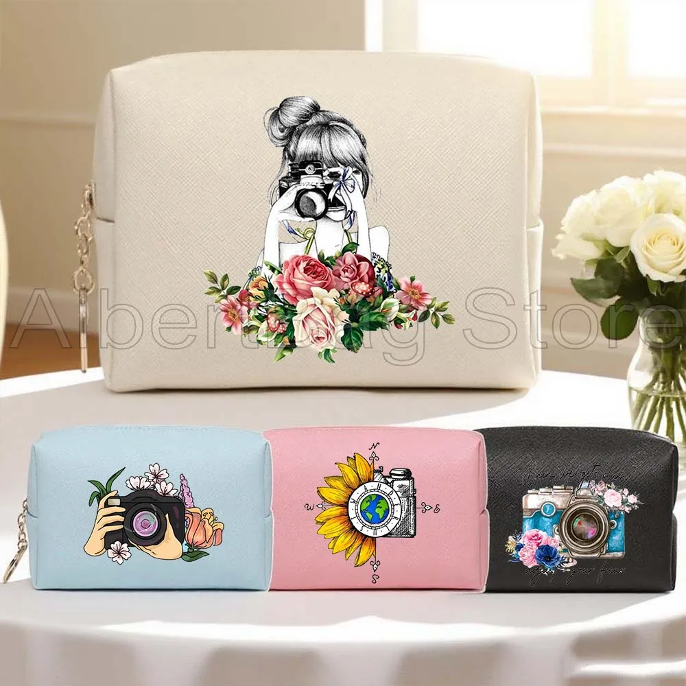 

Fashion Floral Camera Girl Butterfly Sunflower Gifts PU Leather Travel Cosmetic Bags Women Makeup Case Waterproof Organizer Bags