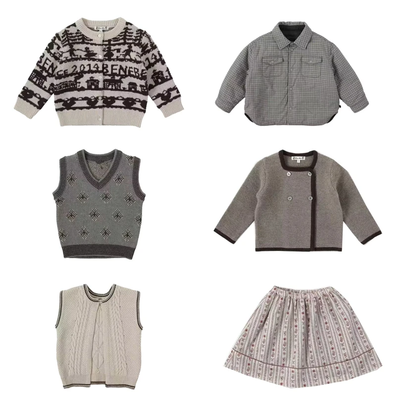 

bene fw24 kids sweaters boy girls cute print knit tops outwear vest cotton clothing