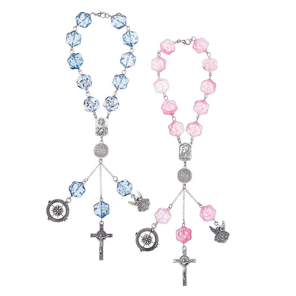 2Pcs Car Rosary for Rearview Mirror Cars Charm 2 Color Car Decor Charms for Women Rose Pendant Personalized Cars Hanging