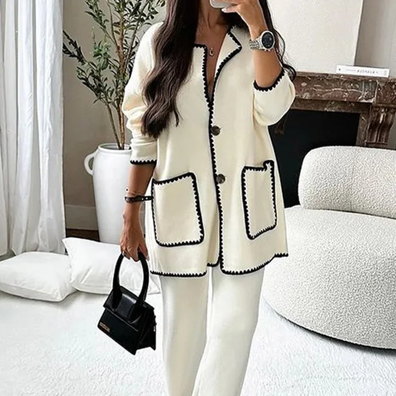 Women Patchwork Pocket Long Sleeve Knit Pant Set Fashion Single Breasted Cardigan Coats Autumn Winter Female Warm Street Jacket