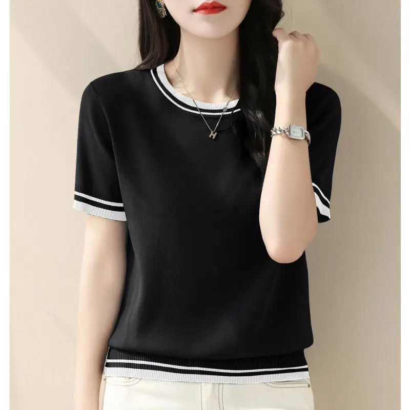 Summer New Contrast Knitting Tops Tees Short Sleeve O-neck Loose Solid Color Elegant T Shirts Vintage Fashion Women Clothing