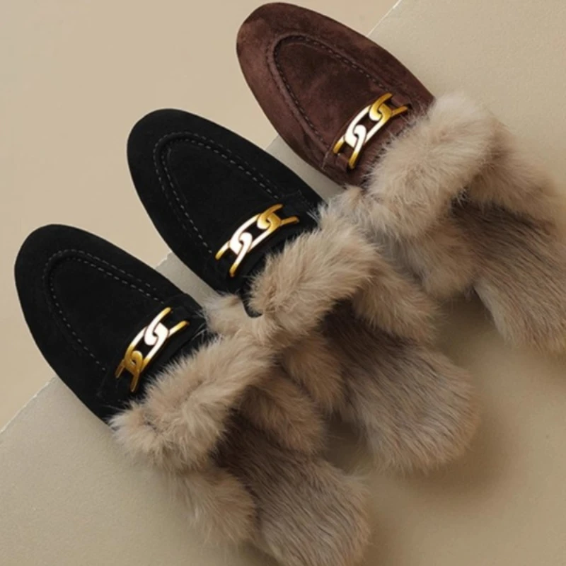 Black/coffee Womens Slippers With Low Heel Close Toe Anti Slip and Warm Chain Buckle Winter Frosted Leather and Velvet Slippers