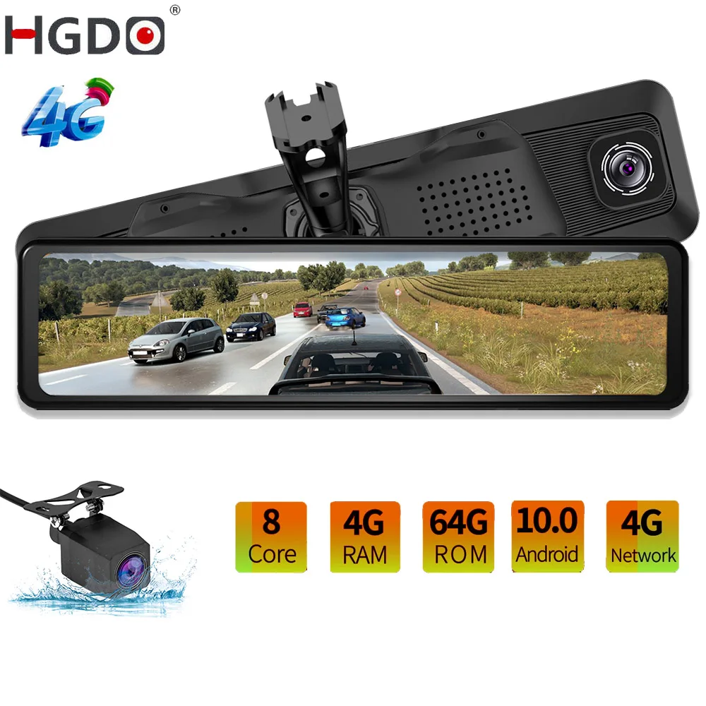 

HGDO F33 12" 4G Dash Cam 8 Core Android 10 Car DVR 4+64G WiFi ADAS GPS FM Rearview Mirror Camera Video Recorder 24h APP Monitor