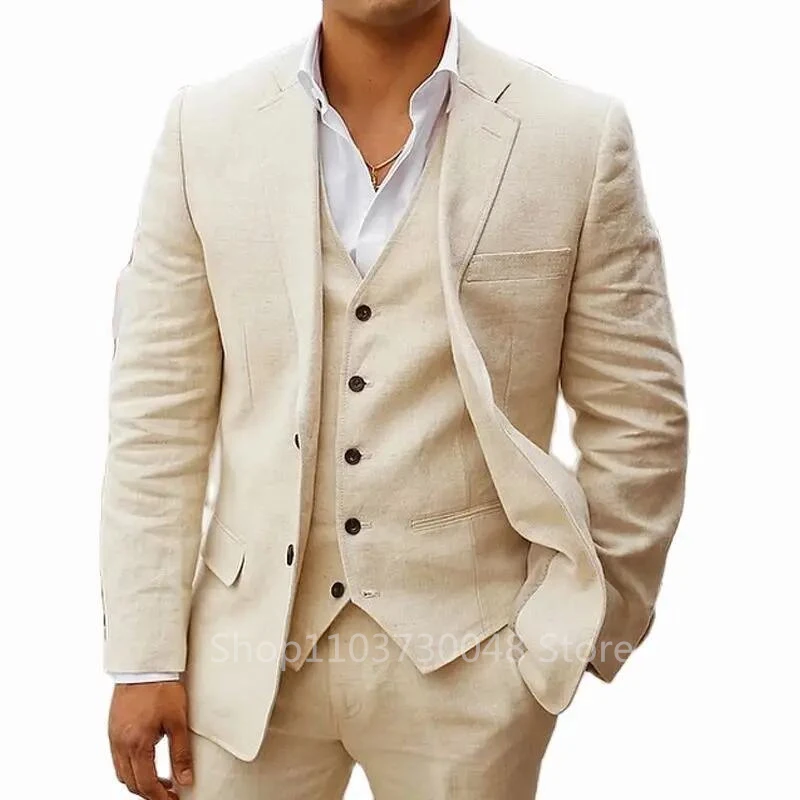 Light Blue/Beige Linen Notch Lapel Slim Fit Summer Men Suits 3 Piece Groom Tuxedos Blazer Pants Sets Wedding Prom Costume Homme