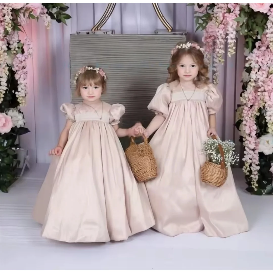 Girls Satin Flower Girl Dress Puff Short Sleeve Square Neck Floor‑Length Kids Wedding Pageant Princess Formal Party Evening Gown