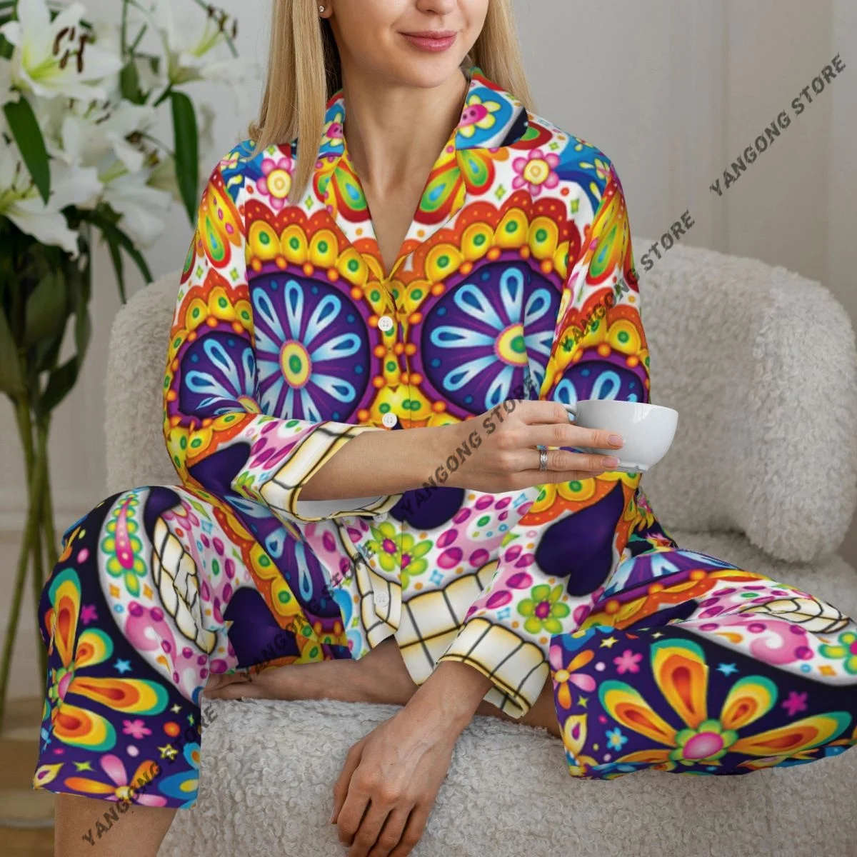 

Women's Pajamas Long-sleeved Girl Loungewear Two-piece Set Day Of The Dead Mexican Skull Pattern Pajamas for Autumn Spring