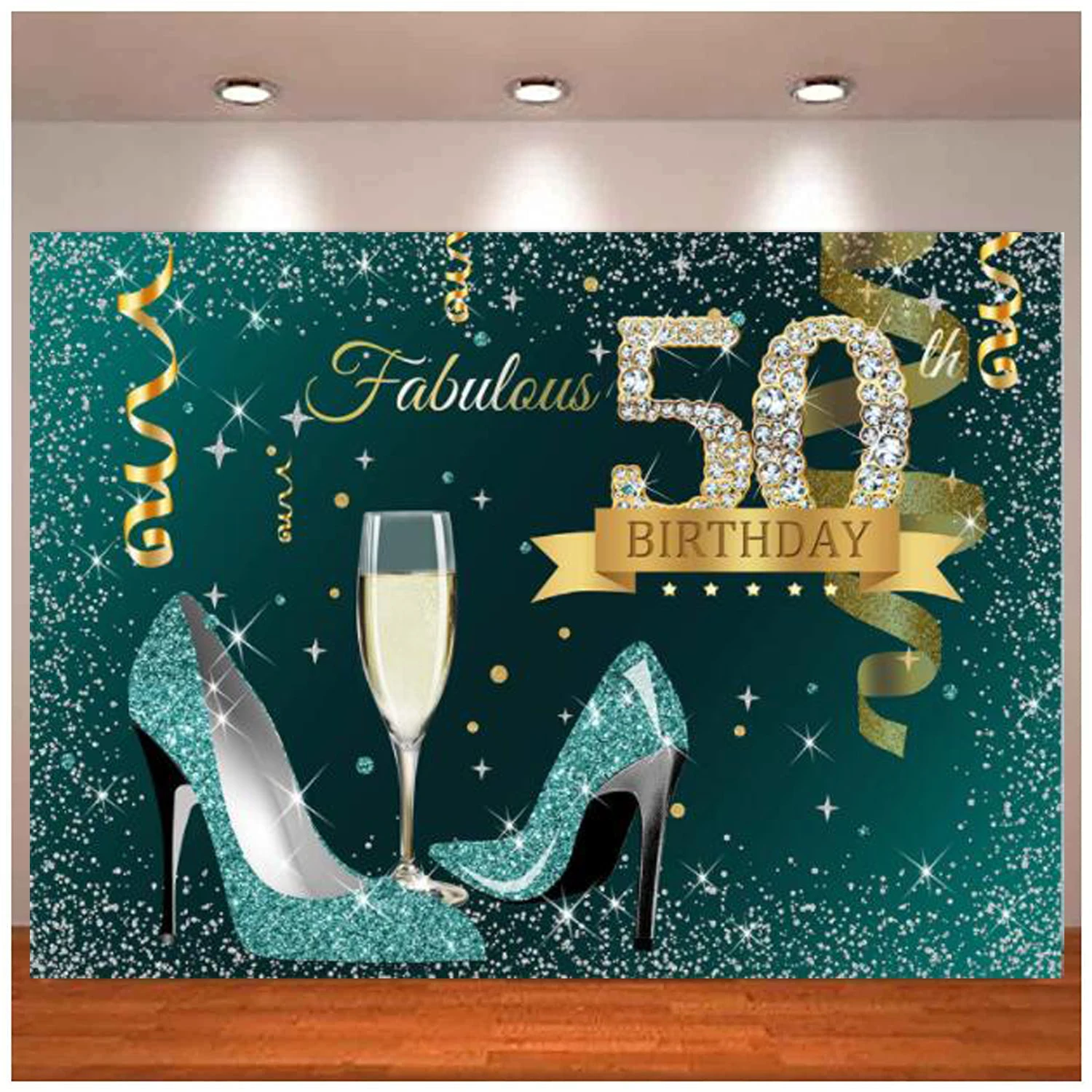 

Teal Gold Happy Photography Backdrop Glitter Silver Dots High Heels Champagne Glass Background for Women 50 Birthday Party Decor