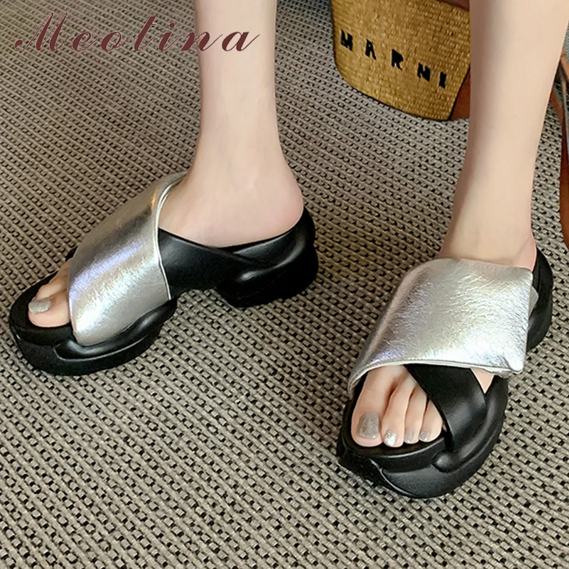 

Meotina Women Genuine Leather Slides Round Toe Platform Block High Heels Sandals Mixed Colors Slippers Ladies Shoes Summer 40