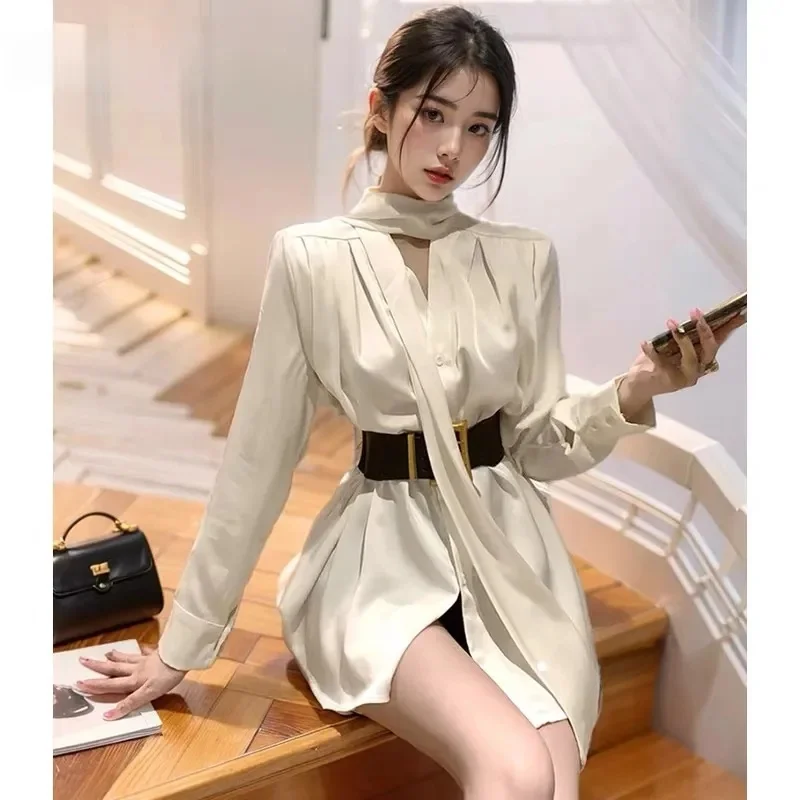 Ele Satin Wrap Ne V-Ne Draped Waist irt Dr Korean Sle Loose Fit Long Sve Pure Color Button Closure