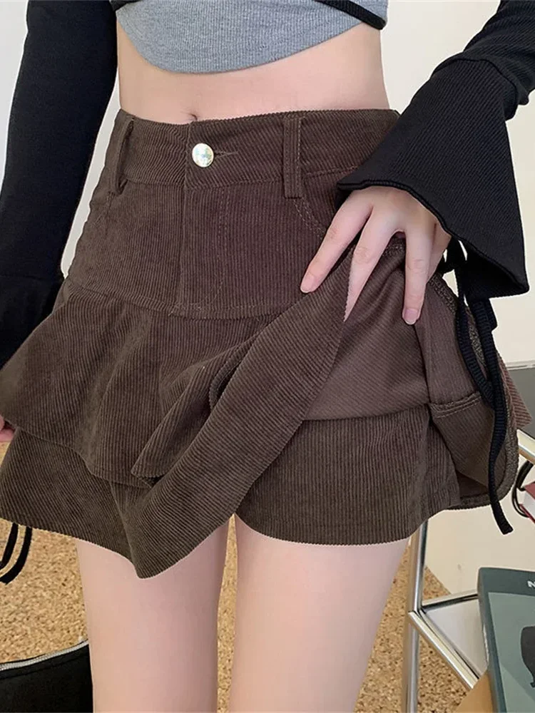 Korean Fashion Autumn Corduroy Mini Skirts Women Ruffles Solid High Waist Cute Sexy Preppy Retro Style Girls' Clothes Skirt