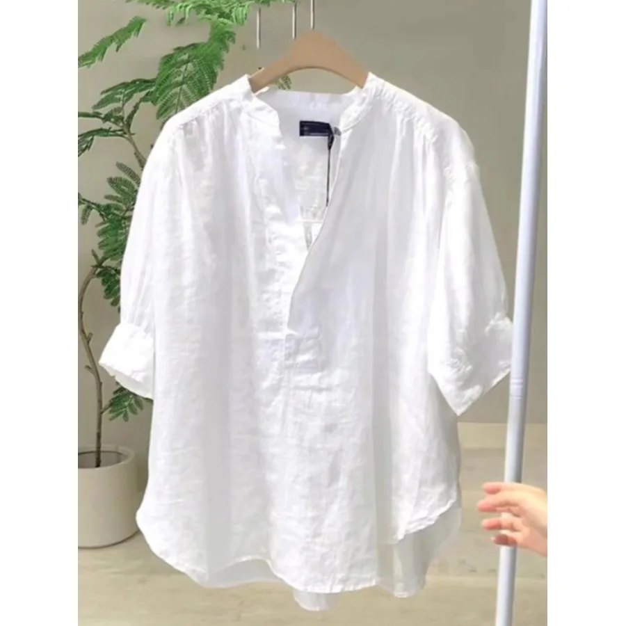 Ele branco algodão linho irt feminino verão solto plus size emagrecimento linho f gola aberta topo confortável respirável