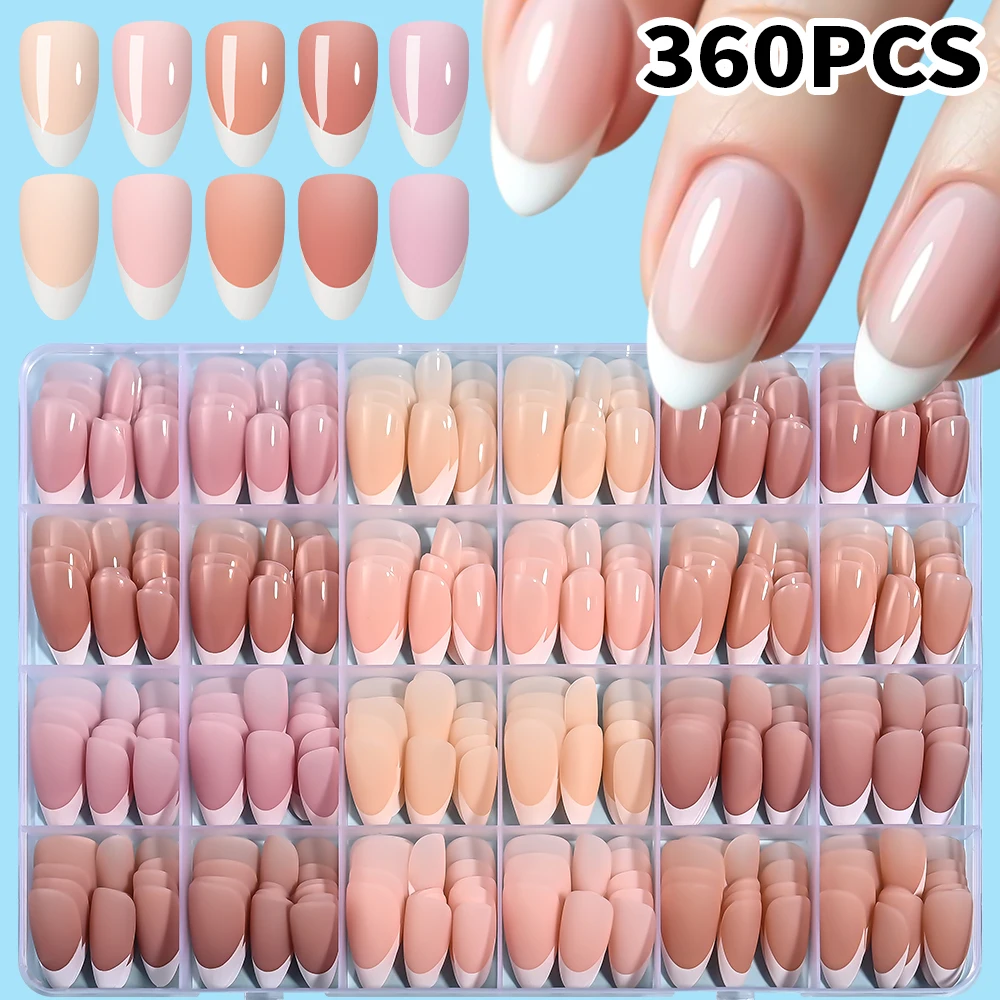 360Pcs/Box Almond French Fake Nails Brown/Nude/Pink Acrylic Soft Gel Tips Press On Nails 12 Size Full Cover Wearable False Nails