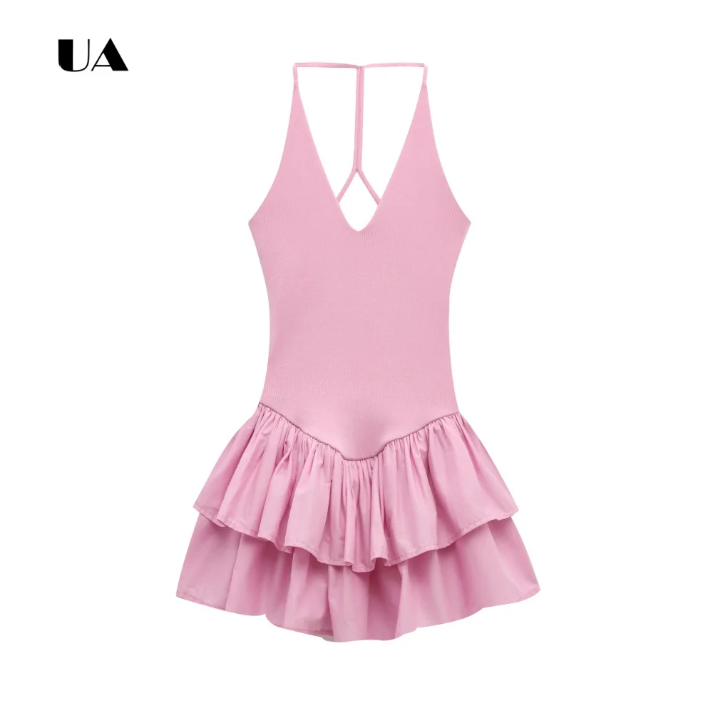 Vestido Mini Halterneck ULBYANRY com Caimento Evasê e Bainha em Camadas com Babados, Vestido de Noite Sólido Sem Mangas para Mulheres, Elegante Vestido de Festa