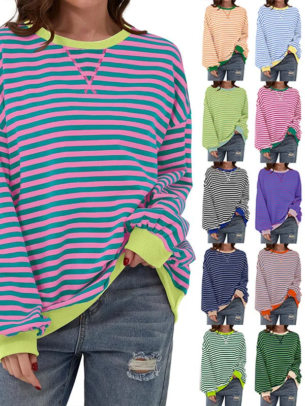 Sudadera con capucha a rayas de colores sueltos para mujer, sudadera de retazos de gran tamaño, Top informal estampado redondo de calle Sle Long Sve
