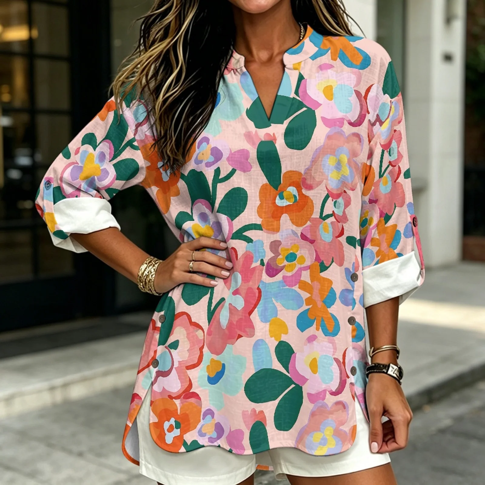 PENSTROLL Floral Linen Like Casual Blouses Roll Up Long Sleeve Women's Long Sleeve Shirts for Resort Gatherings Sizes S-5XL