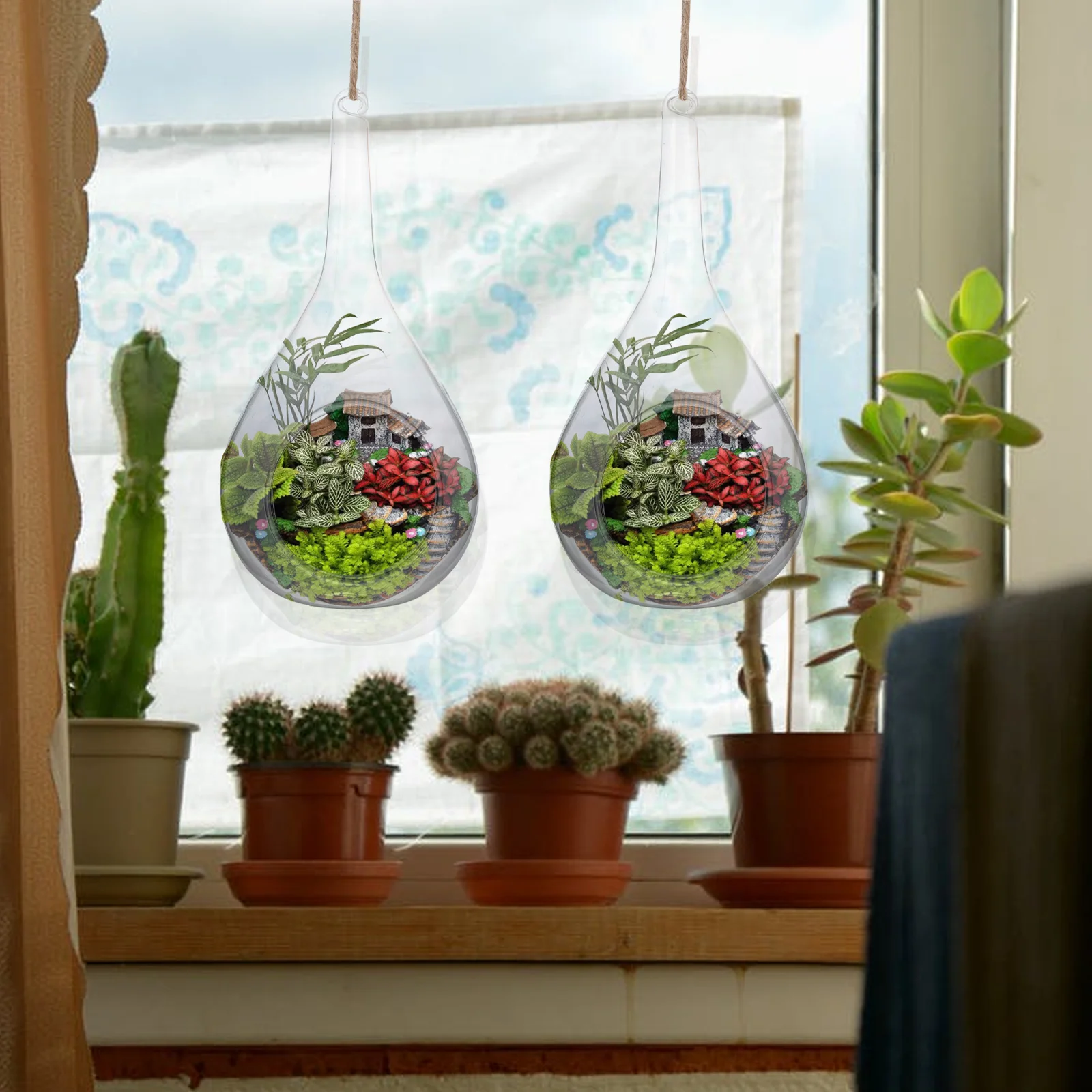 

2Pcs Micro Landscape Ecological Bottle Hanging Glass Planter Hydroponic Flowerpot Transparent Hanging Succulent Pot Decoration