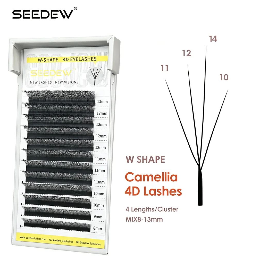 SEEDEW Neue 4D W-Form Kamelien-Volumen-Wimpernverlängerungen, vorgefertigte Fächerwimpern, MIX 8-13mm W Lash Soft Volume Lashes für Salon-Wimpern-Stylisten