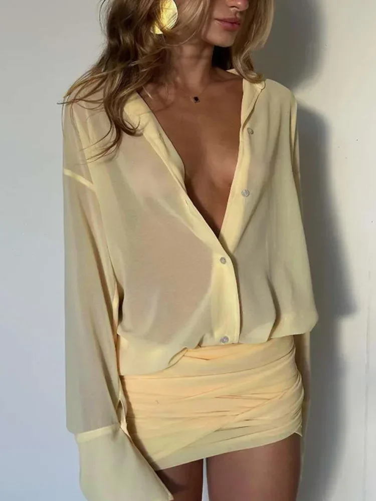 Robe chemise Sexy à manches longues pour femmes, sac à col rabattu, bretelles aux hanches, transparente, Patchwork, taille haute, Streetwear