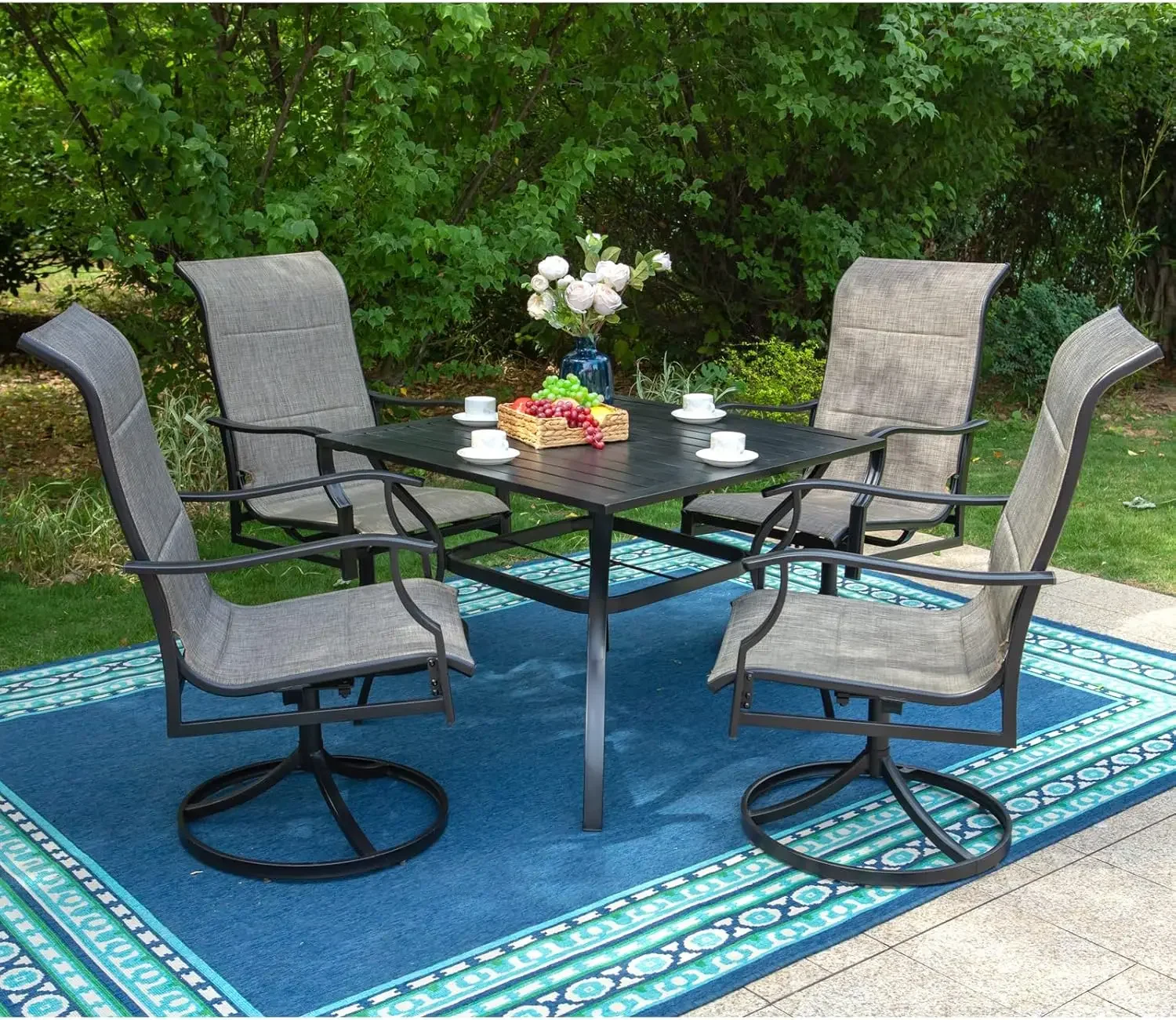 

Outdoor Patio Dining Set 5 Piece, 4 Padded High Back Swivel Chairs and 37"x 37" Square Metal Steel Dining Table