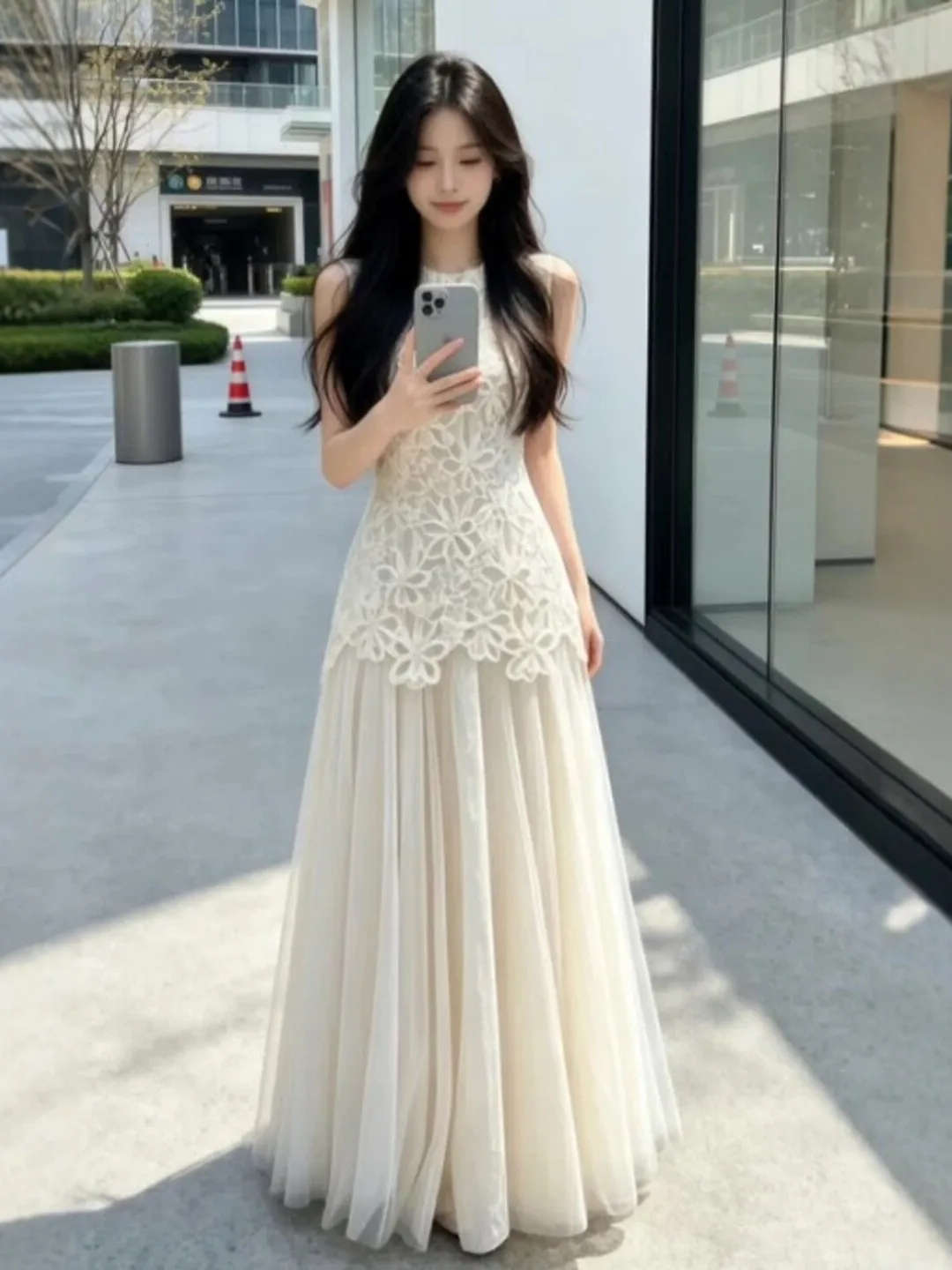 

Unique Fairy Tale Lace Splicing Net Gown Strapless Summer Dress French Style High Waist Cotton Blend Non-Slip Color Retention