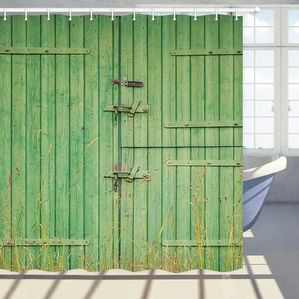 Rustic Barn Door Shower Curtain Green Farmhouse Closed Doors in A Barn Polyester Fabric Bath Bathroom Curtains Set with Hooks