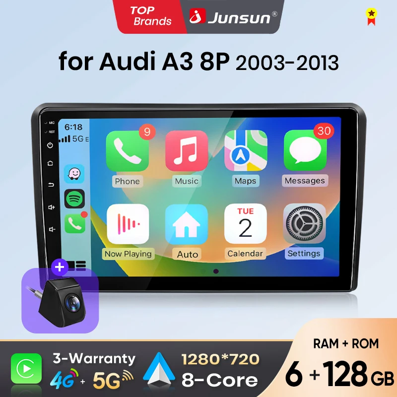 Autoradio Android Auto Junsun pour Audi A3 2003 2004 2005 2006 2007 2008 2009 2010-2013, système intelligent multimédia sans fil Apple CarPlay, écran tactile IPS, lecteur vidéo stéréo, autoradio 2 Din, navigation BT GPS 4G WIFI FM AM DSP RDS SWC