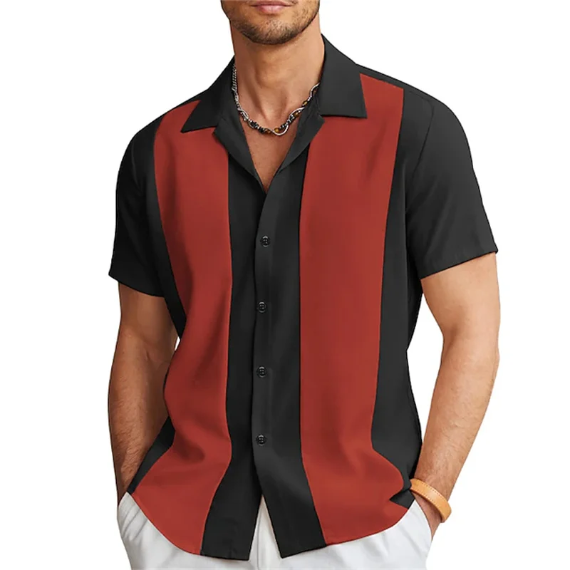 2023 New men\'s shirts Bowling shirts Button shirts Summer casual red short-sleeved color matching lapels Street clothing fashion