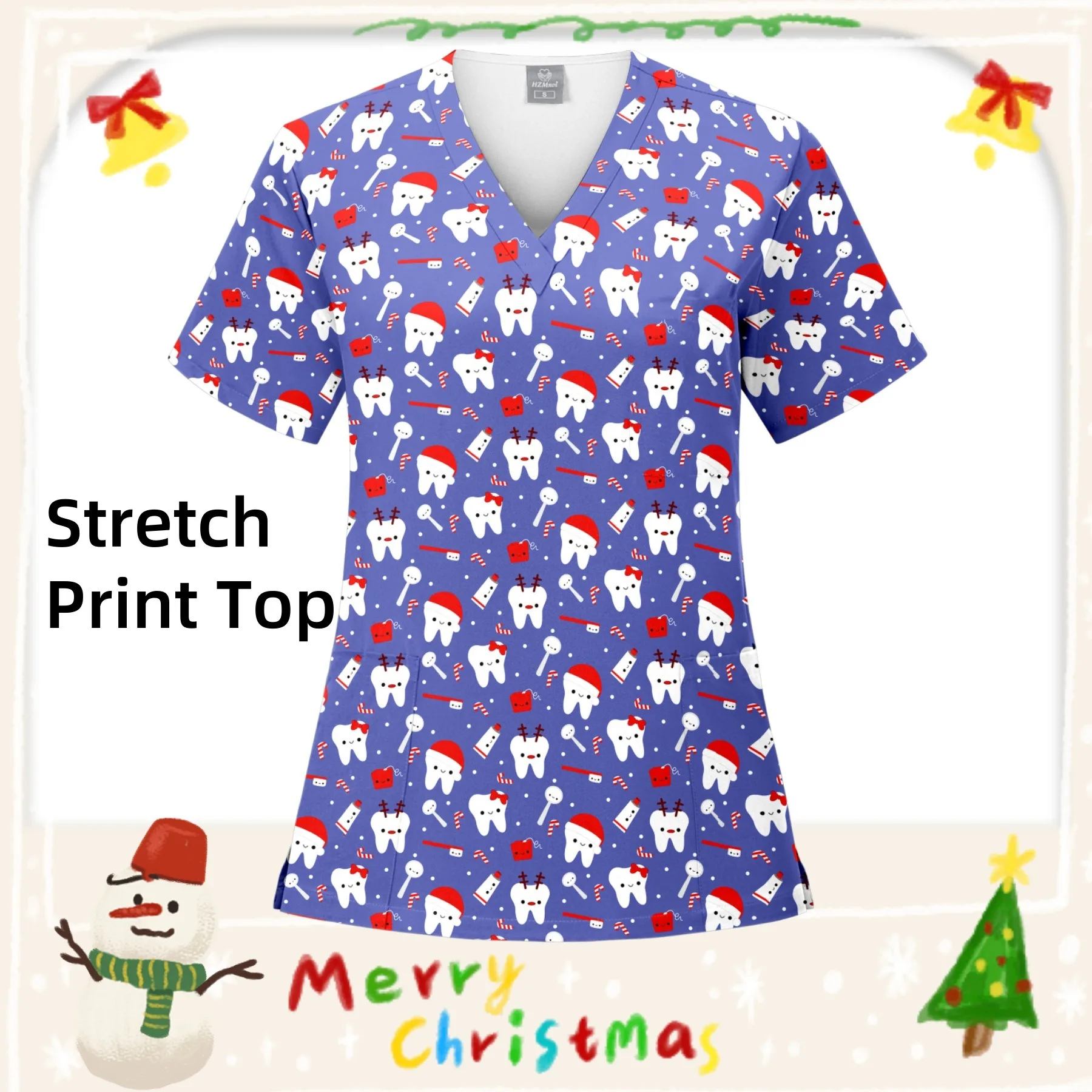 Женский хирургический топ с рождественским принтом и карманом, скраб с v-образным вырезом, униформа для спа-ухода, футболка для ухода за домашними животными, хирургическая униформа медсестры