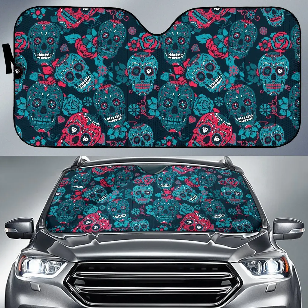 

Floral Rose Sugar Skull Skeleton Girly Pattern Print Auto Sun Shade Car Windshield Window Cover Sunshade