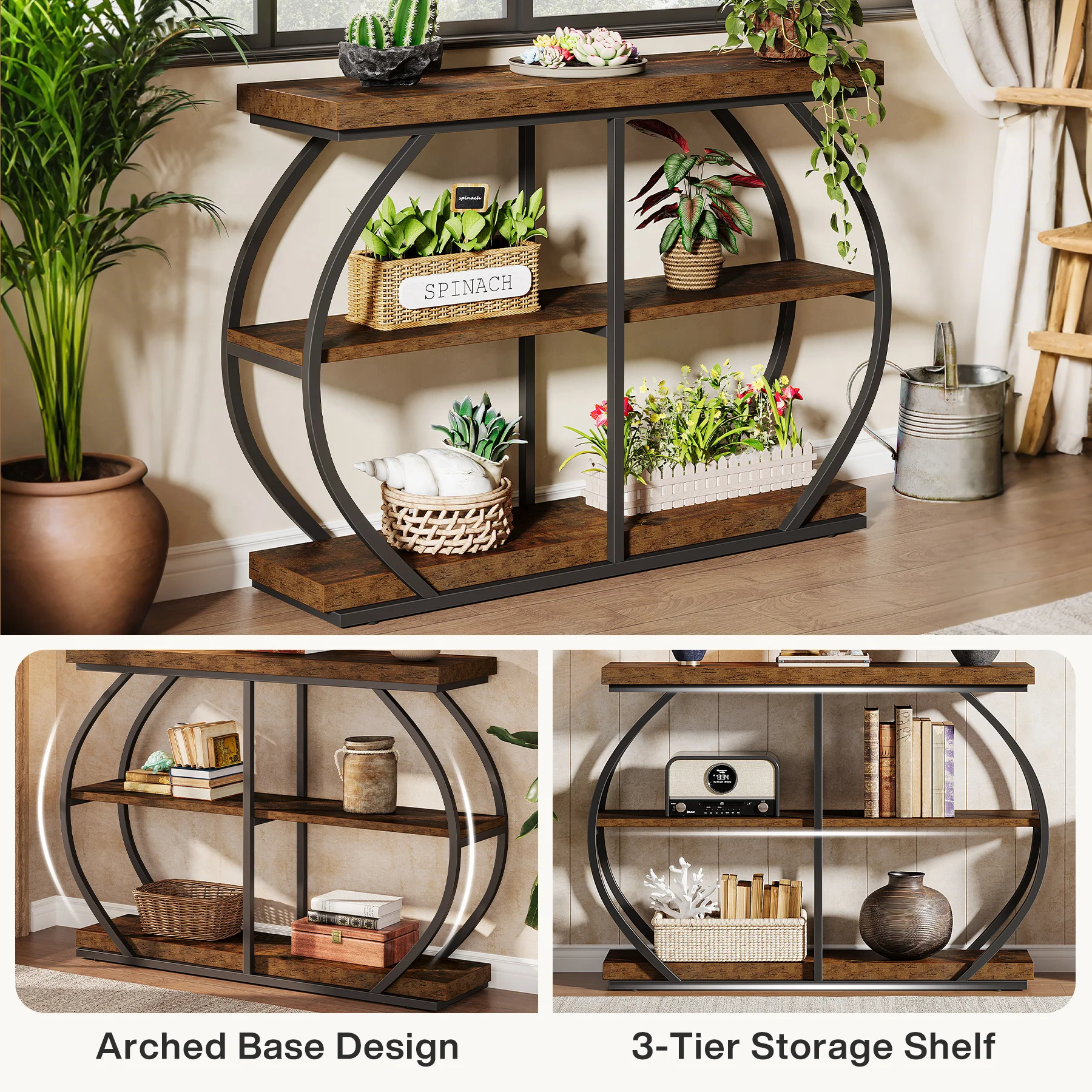 Tribesigns 41.3" Console Table, Industrial 3-Tier Entryway Table with Arched Metal Frame and Storage Shelves for Living Room view 5