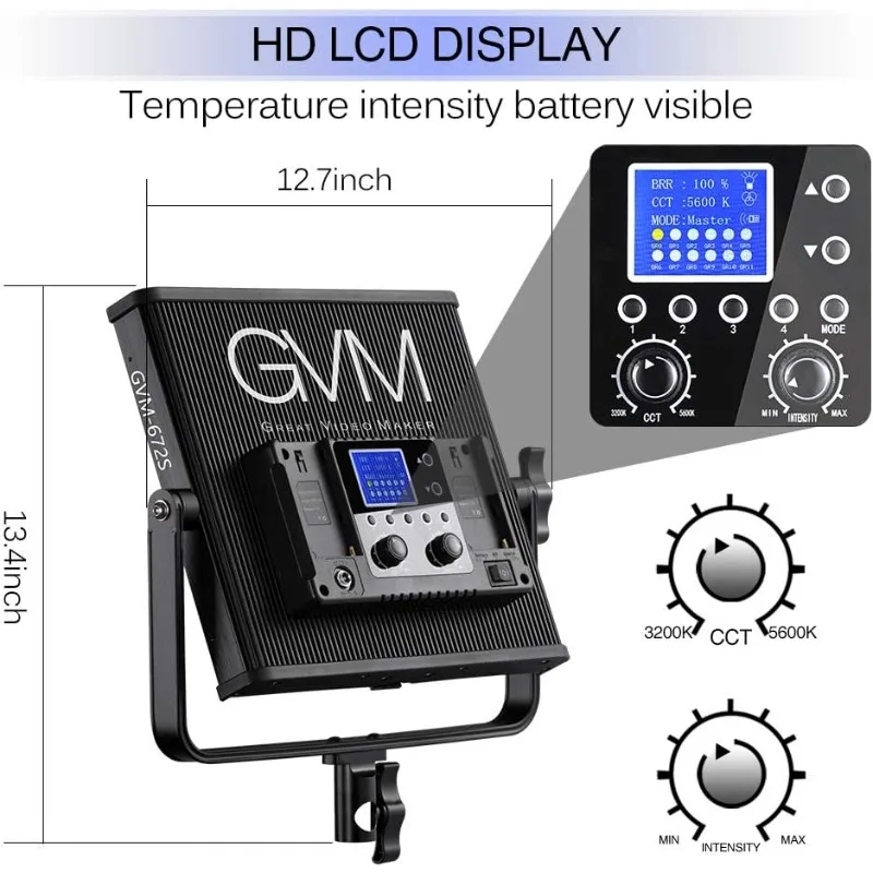 LEDビデオライトパネル,調光可能,デジタルディスプレイ付き,屋外インタビュー,gfm 672s,cri97,tlci97,22000lux,2色,3200k-5600k