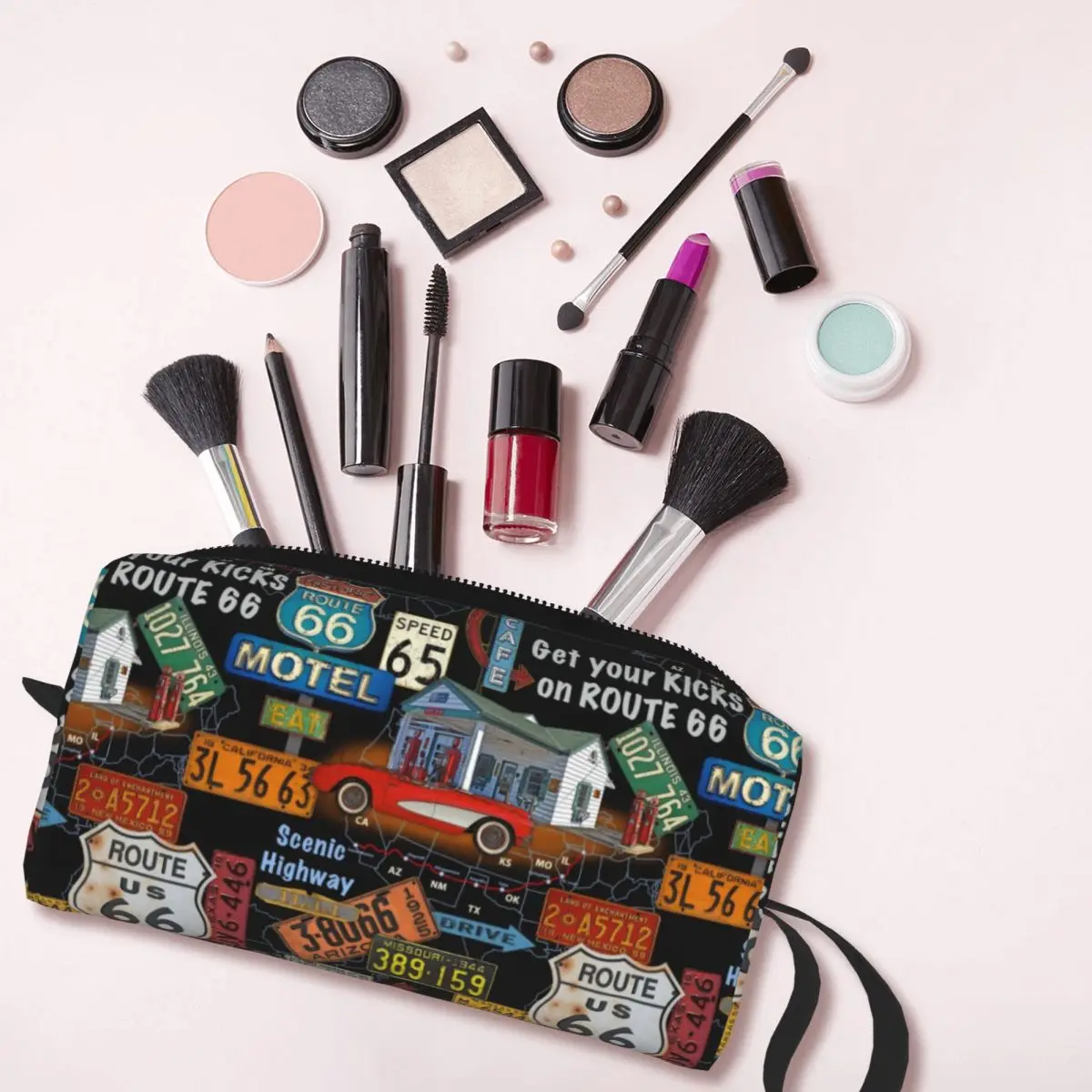 Vintage America Road Route 66 Makeup Bag Women Travel Cosmetic Organizer Cute Storage Toiletry Bags