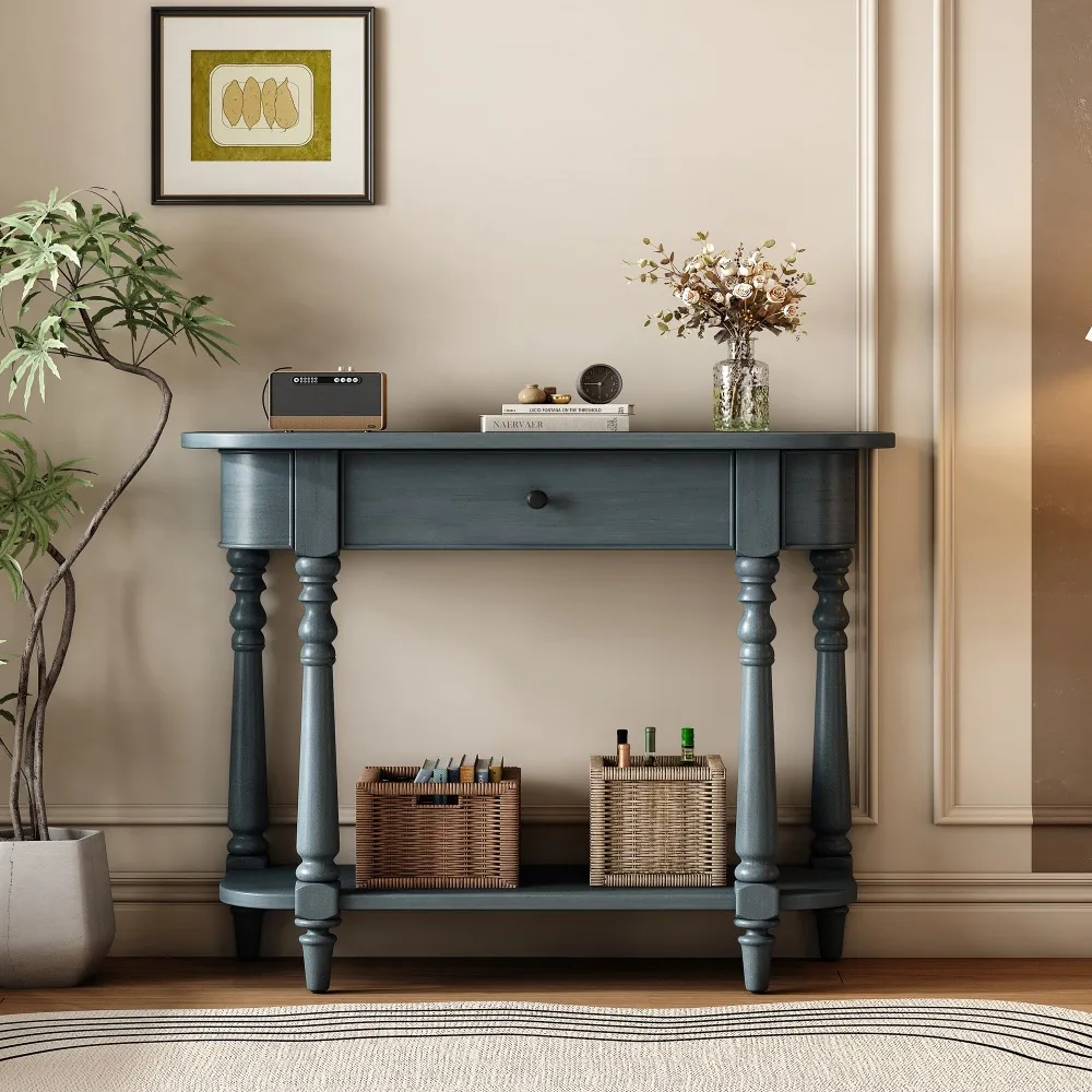 

Narrow Console Table with Curved Corner, Retro Entryway Table with Top Drawer and Open Shelf, (Navy), Console Tables