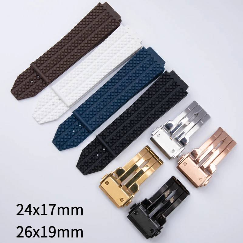 Soft nature rubber bracelet 26x19mm 24x17mm Convex end for Hublot strap Big Bang series men wristband stainless fold buckle