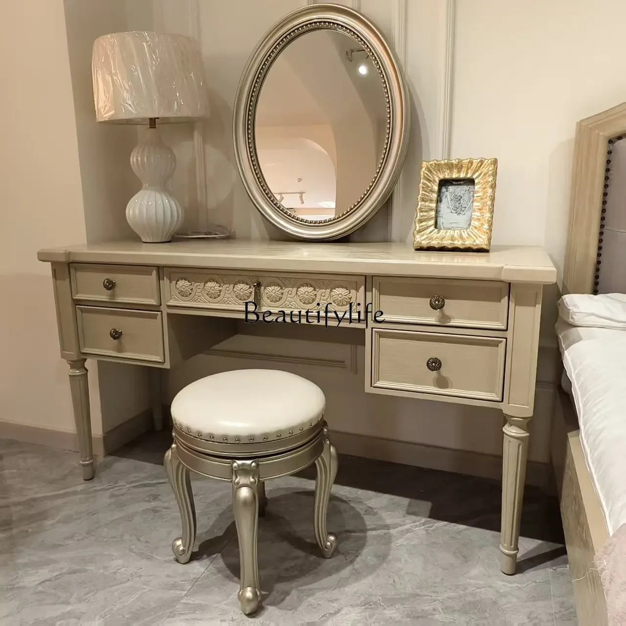 

yj19 Dressing Table Solid Wood Carved Writing Desk Distressed Carved American Retro