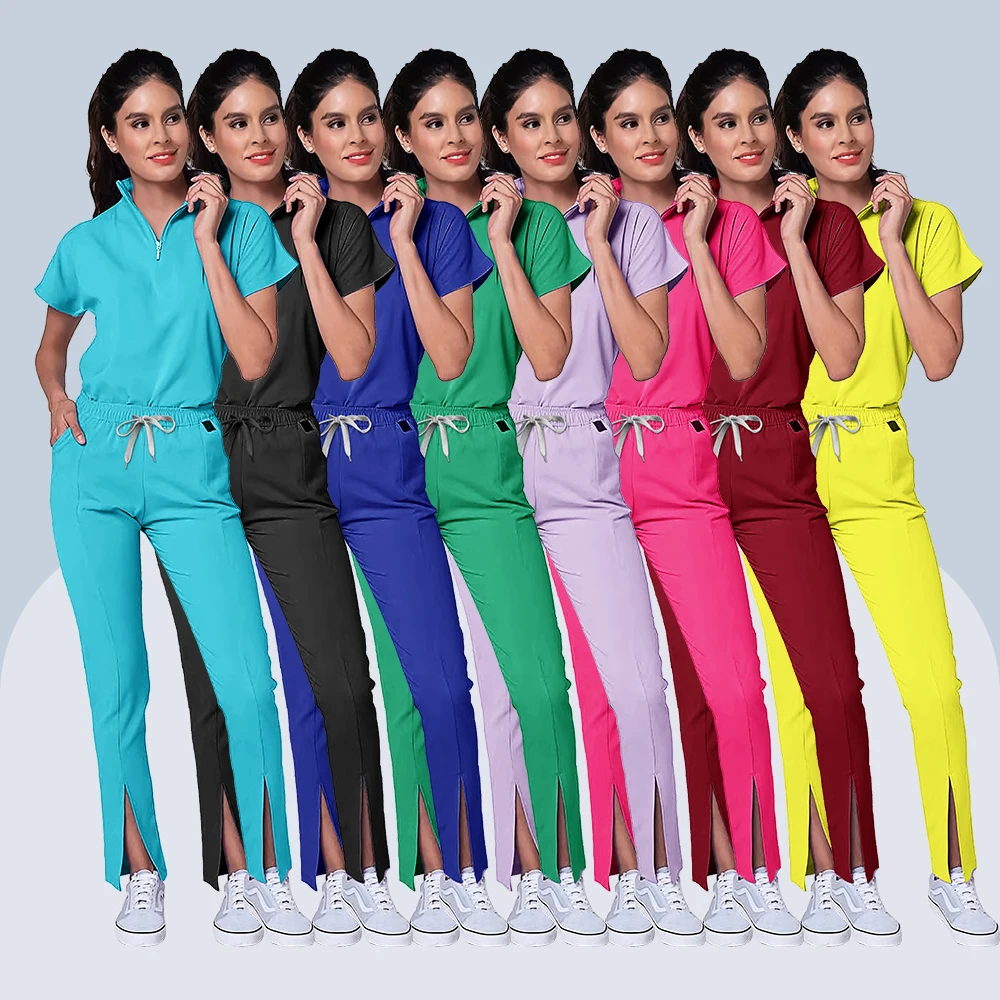 Medical Scrubs Uniform Women Nurse Zipper Scrub Set Pocket Tops Pants 2 Piece Surgical Suits Operating Suit Nursing Work Clothes