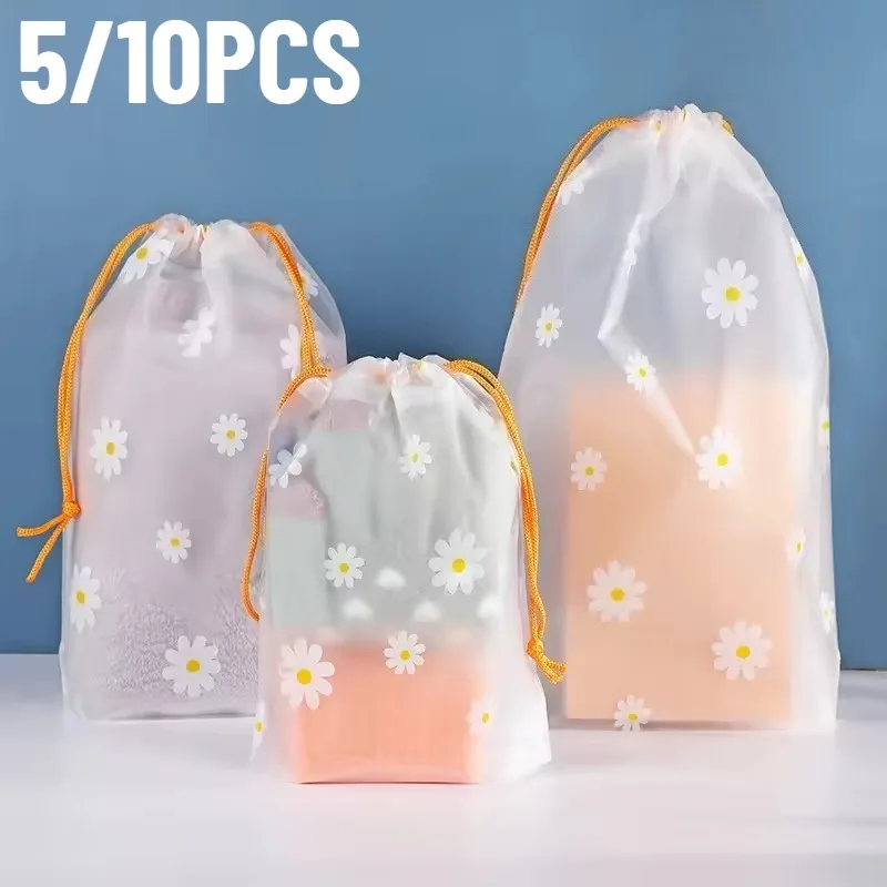 5/10 pçs portátil margarida cordão saco de armazenamento transparente sacos à prova dwaterproof água roupas de higiene pessoal sapatos compõem suprimentos de embalagem