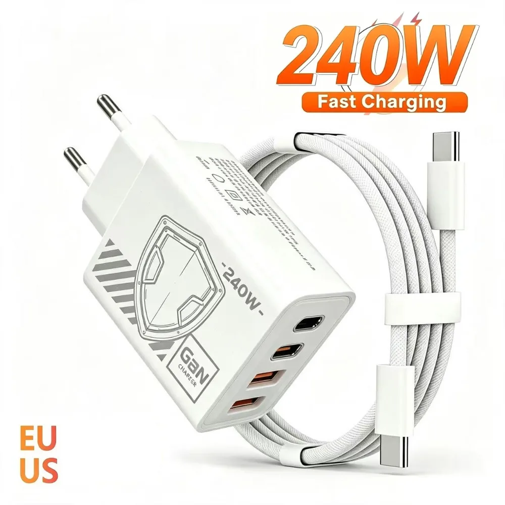 240W GAN Mechanical Pattern Multi Port Travel Charger EU US Plug Multiple Color Charging Kit with 1M Braided USB C Cable
